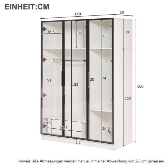 HT Eckkleiderschrank 3 Glastüren, 1 Schublade,1 Kleiderstange 10x50x160 cm mit LED-Licht (Spar-Set, Einstellbares RGB-LED-Lichtsystem) Turen aus gehartetem Glas klareSicht ausgestellten Gegenstäande