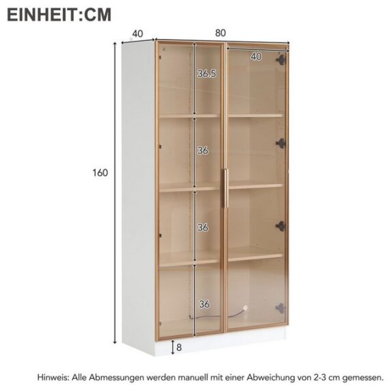 HT Hochschrank Doppeltürige Vitrine mit beweglichen Einlegeböden, 80x40x160cm (Weißglasvitrine mit 16-farbiger LED-Beleuchtung) Hochschrank für Wohnzimmer, Standvitrine, Badezimmerschrank