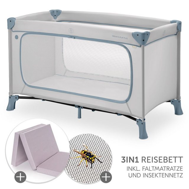 Hauck Baby-Reisebett Dream N Play Plus Set – Dusty Blue, Kinder Babyreisebett mit großem Eingang, Matratze, Moskitonetz faltbar