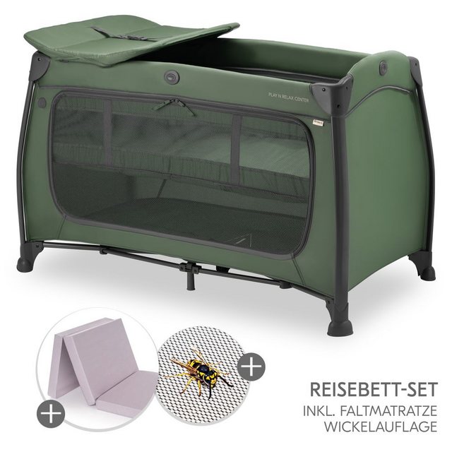 Hauck Baby-Reisebett Play’n Relax Center – Dark Green, Babyreisebett mit Matratze, Insektenschutz, Wickelauflage, Einhang