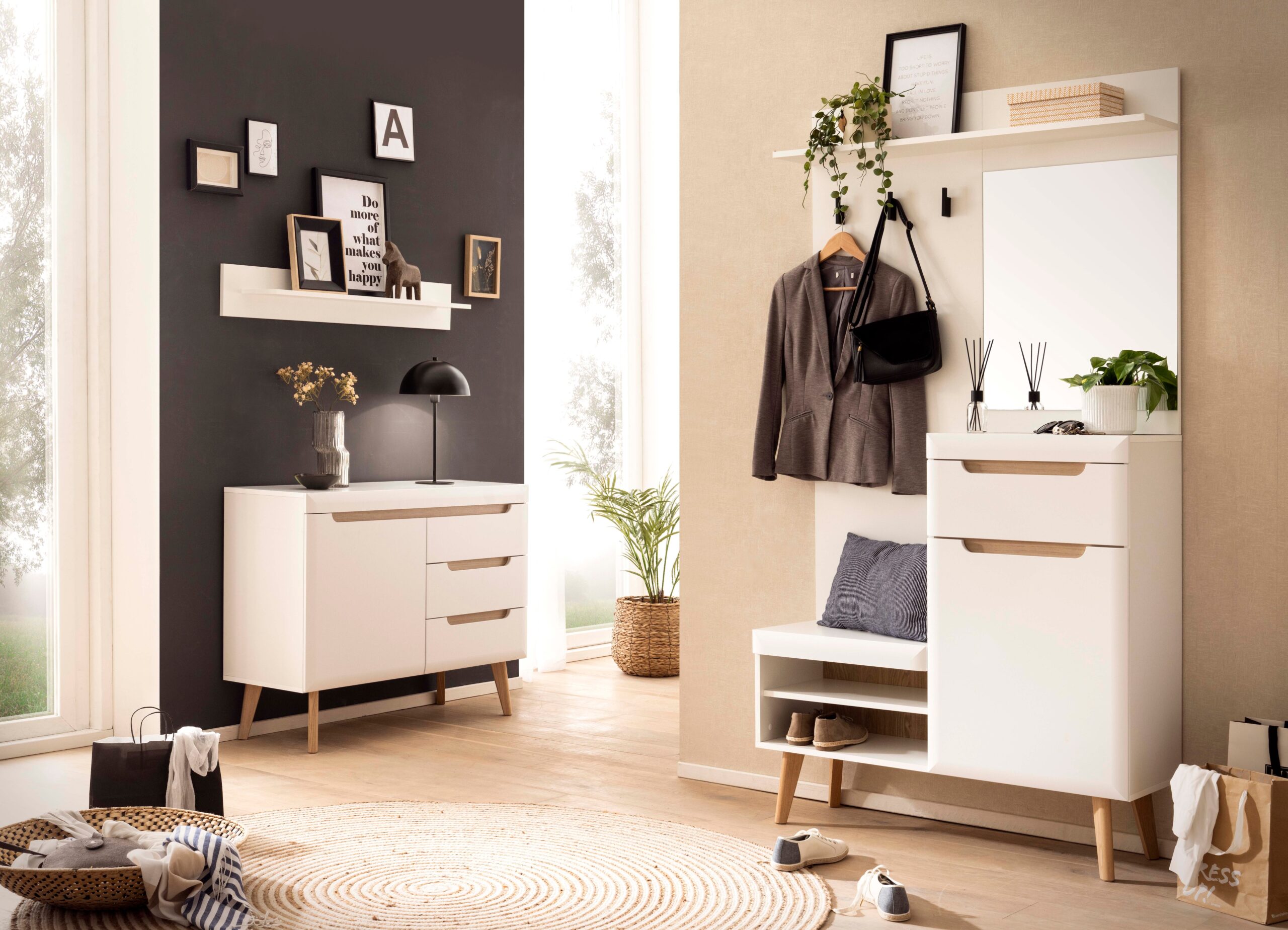 Home affaire Garderoben-Set „Torge, Garderobe mit Stauraum, Garderobenschrank im Scandic Design“, (Set, 3 St.), enthält Sideboard, Garderobe mit Spiegel und Wandboard, in zwei Farben