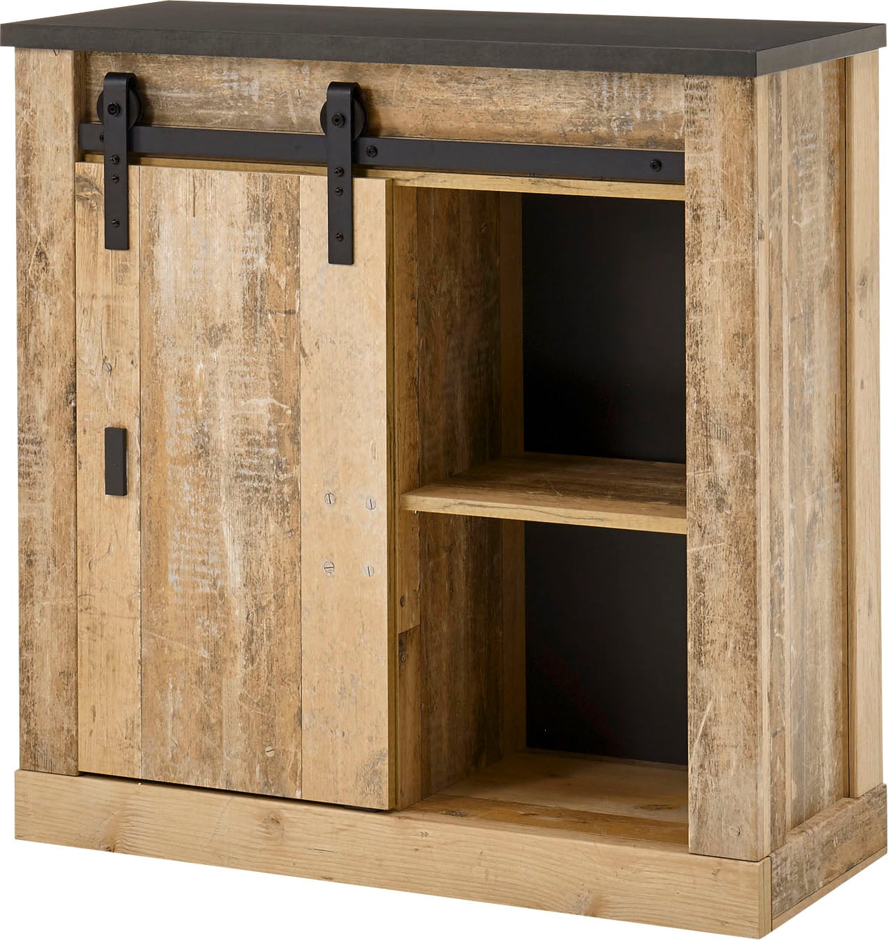 Home affaire Regal „SHERWOOD“, modernes Holz Dekor, mit Scheunentorbeschlag aus Metall, Breite 93 cm