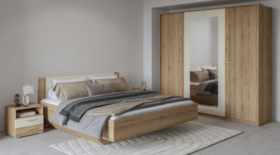 Home affaire Schlafzimmer-Set "Bitry,Set 4-St(Bett 180 cm, 2xNako, Drehtürenschrank)", Komplettschlafzimmer, viel Stauraum, fühlbare Struktur, Holzoptik