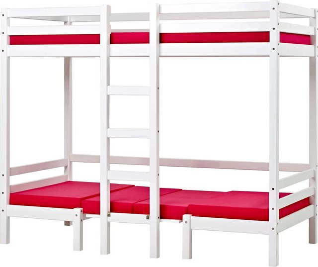 Hoppekids Hochbett ECO Dream JUMBO B/T/H 101/208/170 cm, umbaubar zum Etagenbett mit Sitzgruppe, Matratzen (oben u unten) in pink, Kiefer massiv/MDF