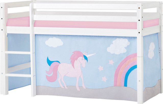 Hoppekids Hochbett „Einhorn“ mit Vorhang & Matratze 2 Größen umbaubar