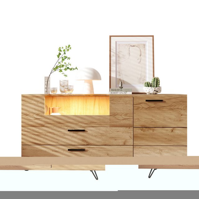 IDEASY Beistellschrank Küchenschrank,Aufbewahrungsschrank,Sideboards (mit Glastüren und App-gesteuerten LED-Leuchten, 140*38*79,5cm) 2 Schubladen, 2 Schranktüren,Feuchtigkeitsresistente Metallfüße