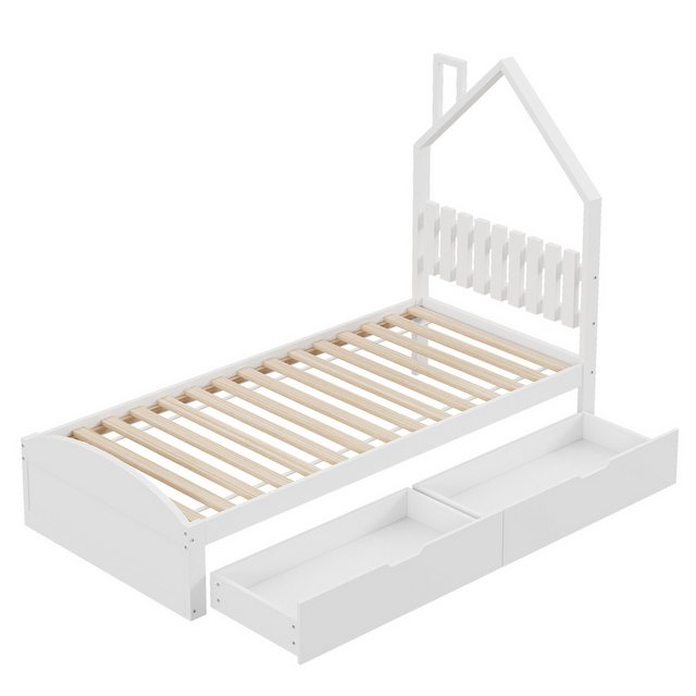 IDEASY Einzelbett Holzbett,Plattformbett 90*200 cm, Kinderbett, einzeln, weiß, (Kopfteil in Form eines Hauses, mit eigenen Ablagefächern), Rückenlehne in Zaunform,mit 2 Schubladen