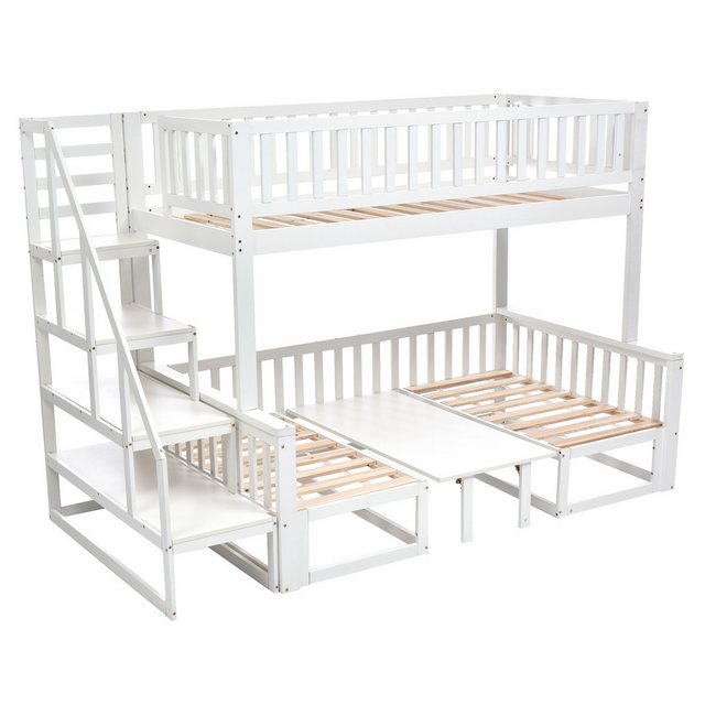 IDEASY Etagenbett 90x200cm mit Fallschutz, Kinderbett(ohne Matratze), Jugendbett (Kinderetagenbett mit Treppe und verstellbarem Tisch), Gästebett, Familienbett mit Lattenrost, weiß