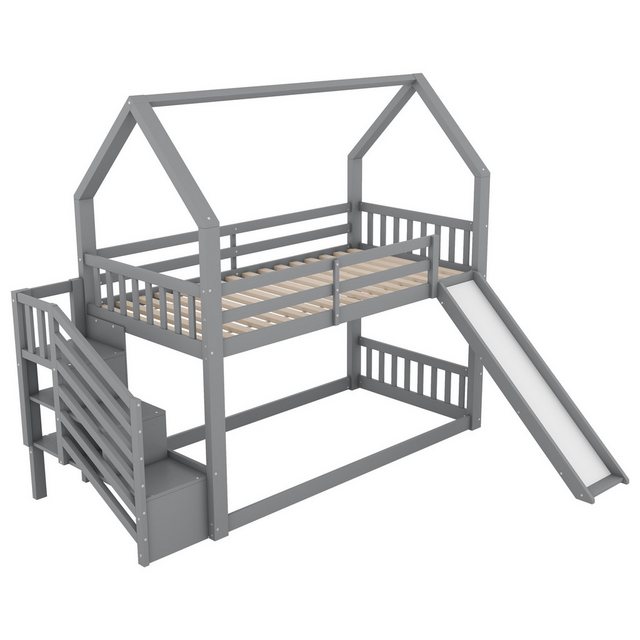 IDEASY Etagenbett Hausbett mit Stauraumtreppe und Rutsche, für 1-2 Kinder, Grau (90x200cm Kinderbett mit Geländer, ohne Matratze), Jugendbett geeignet für Kinder, Jugendliche