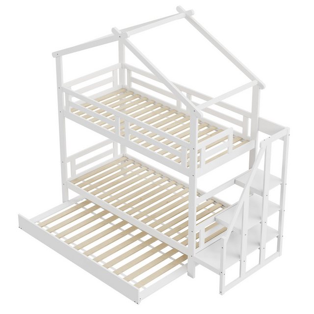 IDEASY Etagenbett Kinderbett 90*200cm, Treppen mit Handläufen (mit Stauraum und Sicherheitsleiter), Ausziehbares Bett mit Rollen, Weiß,Dachform