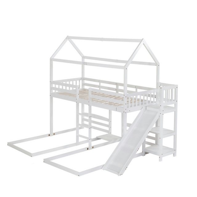 IDEASY Etagenbett Kinderbett 90x200cm, Hausbett für 3 Kinder, Hochbett, weiß (Holzbett mit Rutsche & Ablagefläche, Hausbett, ohne Matratze), Oben mit Lattenrost, unten ohne Lattenrost, Jugendbett mit Fallschutz