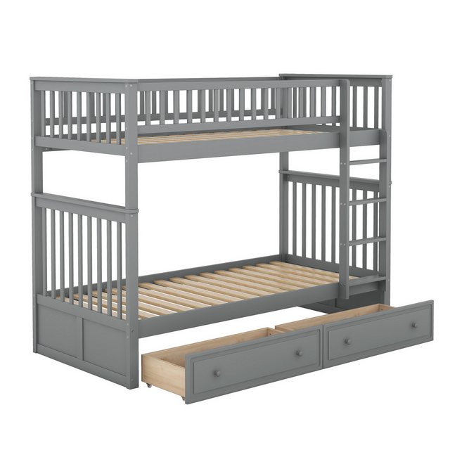 IDEASY Etagenbett mit 2 Schubladen, Funktionsbett Kinderbetten mit rechtwinkliger Treppe (Jugendbett, Verwandelt sich in zwei getrennte Betten), 90x200cm Holzbett mit Fallschutz, Grau (ohne Matratze)