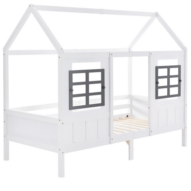 IDEASY Hausbett 200×90 cm, Einzelbett mit 2 Schubladen, Kinderbett, Kieferrahmen, MDF (Tagesbett mit 2 Fenstern, Rahmen aus Kiefer), vielseitiges Holzbett mit Fallschutz und Lattenrost