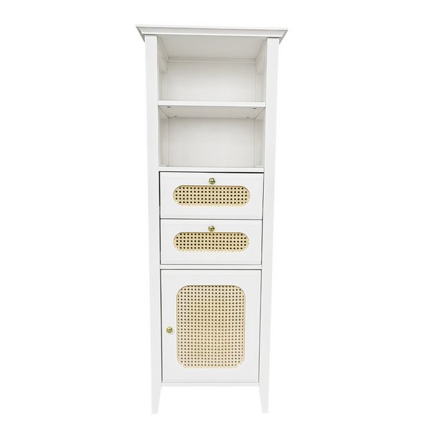 IDEASY Hochschrank Wohnzimmervitrine mit Rattan, lackierte Oberfläche, MDF (verwendbar für Wohnzimmerkombinationsmöbel , 140,5*38*50 (cm) Weiß und Rattan,Mit 2 Schubladen, 1 Schranktür, 2 offenen Fächern