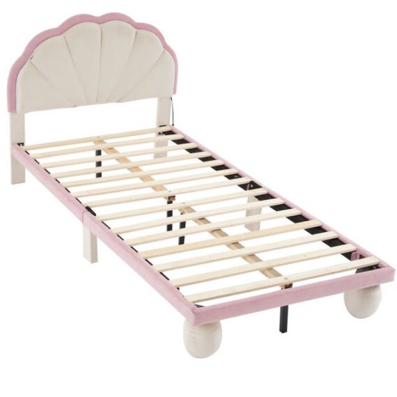 IDEASY Polsterbett mit mehrfarbigen, wechselnden LED Lichtstreifen, (Kopfteil mit Wellenschliff, mit gepolsterter runden Beine), Kinderbett mit Holzlatten, Einzelbett, Samt, Beige+Rosa, 90x200cm