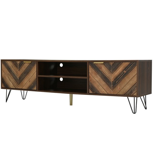 IDEASY TV-Schrank Lowboard, Türen aus Massivholzfurnier, Holprige Textur, 155x38x48 cm TV-Board, 2 Türen Goldene Griffe & Eisenfüße, für TV-Geräte bis zu 39