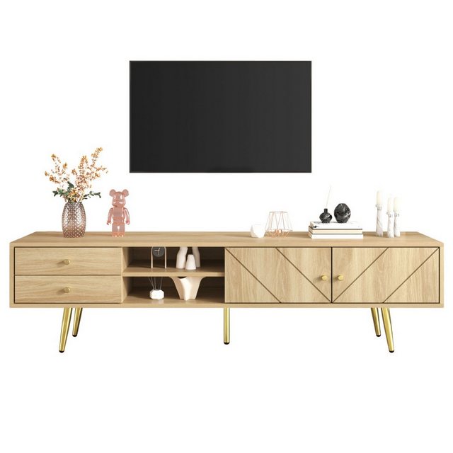 IDEASY TV-Schrank Lowboard im Landhausstil, TV-Board mit Goldfüßen, 2 Schubladen Belastbarkeit 50 kg, geeignet für TV-Geräte bis zu 49 Zoll