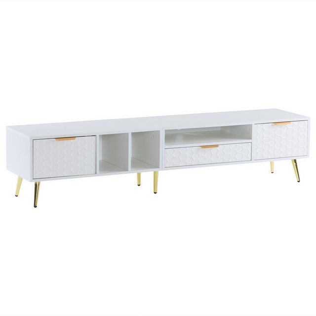 IDEASY TV-Schrank Lowboard mit Wabenschnitzerei, TV-Board in Weiß, 180 x 40 x 41 cm (2 Türen, 1 Schublade, offene Fächer, Goldfüße, Kabelführung) Wabenmuster, geeignet für TV-Geräte bis 80″, Belastbarkeit 60 kg