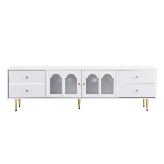 IDEASY TV-Schrank Lowboard mit gewölbten Glastüren, elegantes TV-Schrank, 170x38x50 cm 2 Türen, 4 Schubladen, goldene Akzente, geeignet für TV-Geräte bis 79