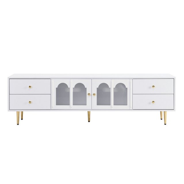 IDEASY TV-Schrank Lowboard mit gewölbten Glastüren, elegantes TV-Schrank, 170x38x50 cm 2 Türen, 4 Schubladen, goldene Akzente, geeignet für TV-Geräte bis 79