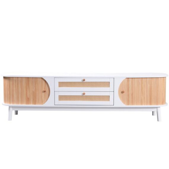 IDEASY TV-Schrank Rustikaler Lowboard, TV-Board, TV-Sideboard Wohnzimmer, 170x39,5x46 cm 2 Türen, 2 Schubladen, Rattan, Holztüren, geeignet für TVs bis 59 Zoll