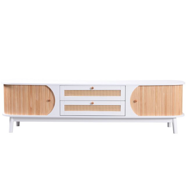 IDEASY TV-Schrank Rustikaler Lowboard, TV-Board, TV-Sideboard Wohnzimmer, 170×39,5×46 cm 2 Türen, 2 Schubladen, Rattan, Holztüren, geeignet für TVs bis 59 Zoll