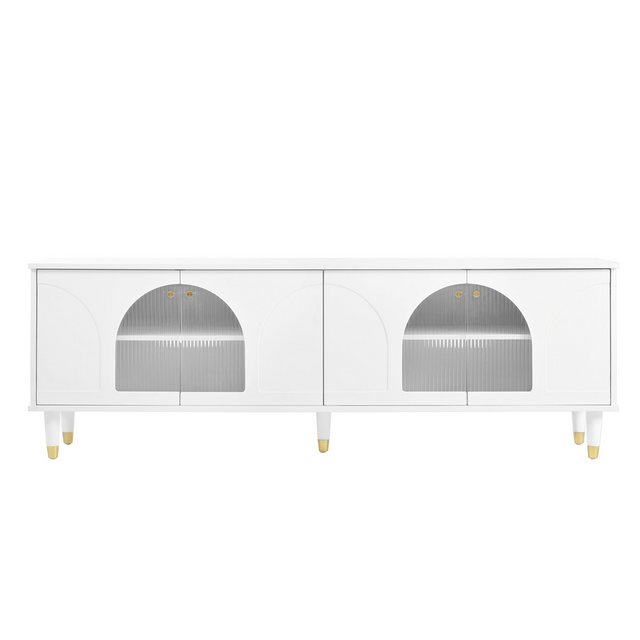 IDEASY TV-Schrank TV-Schrank mit gebogenen Glastüren, TV-Lowboard, mit goldenen Details 4 Türen, 173 x 38 x 59 cm, Platz für 59″ TV, geräuschlose Scharniere