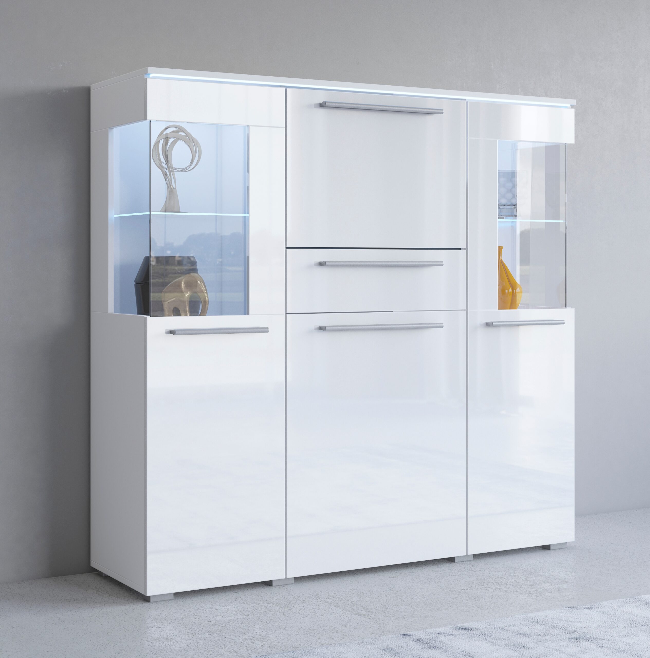 INOSIGN Highboard "India,Breite 130cm, stilvolle Hochkommode 3Türen, Klappe und Schublade", Hochschrank viel Stauraum, Einlegeböden verstellbar,ohne Beleuchtung