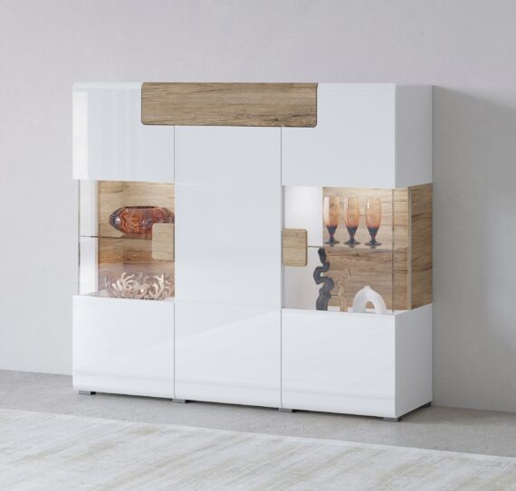 INOSIGN Highboard "Toledo,Breite 147,5cm,trendige Hochkommode mit 3Türen und Schublade", Hochschrank mit Glas-Partien,stylische Hochglanzfronten