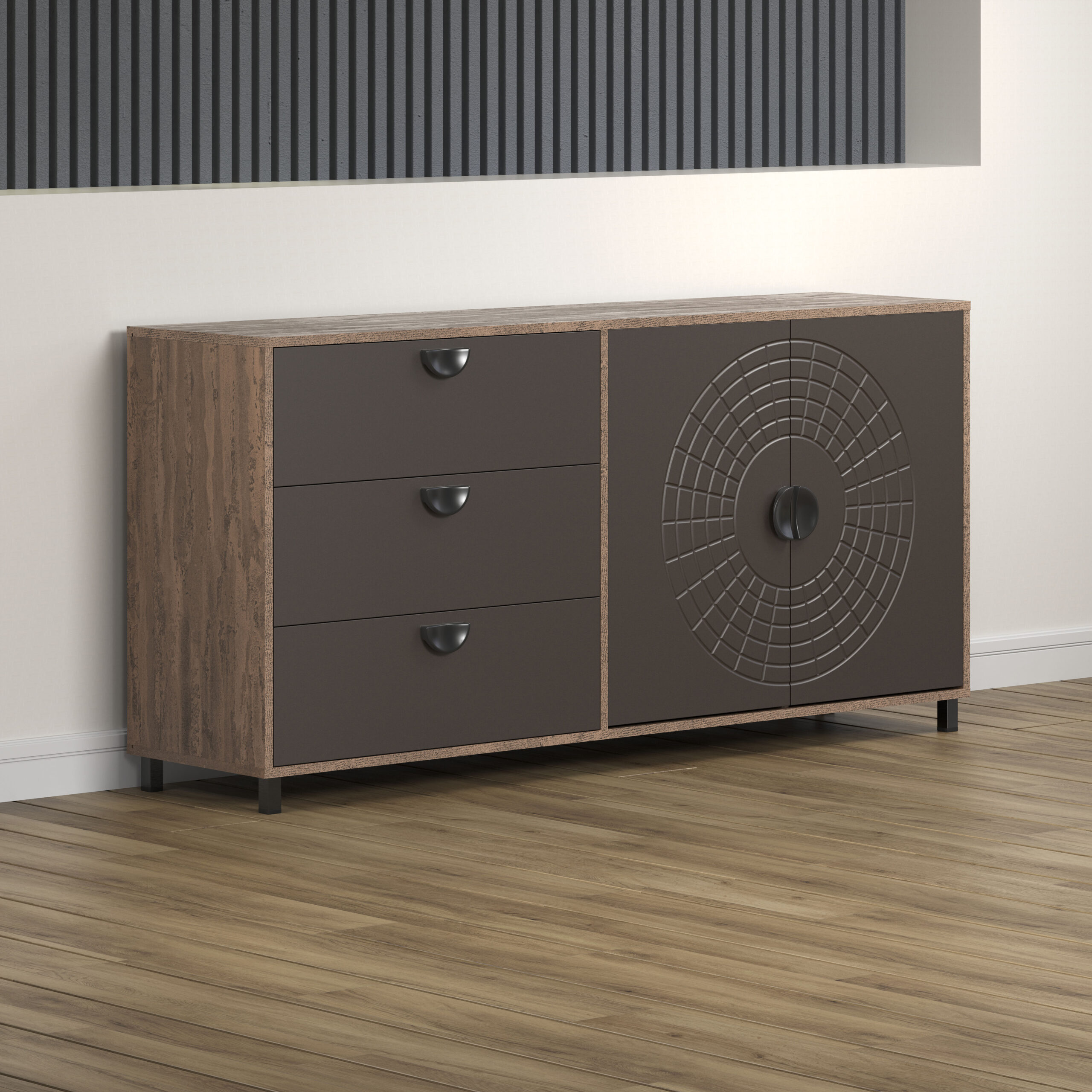 INOSIGN Sideboard „Fusion“, (1 St.), Kommode mit markantem Kreismuster – Antikoptik – (B/T/H) 176/42/86 cm