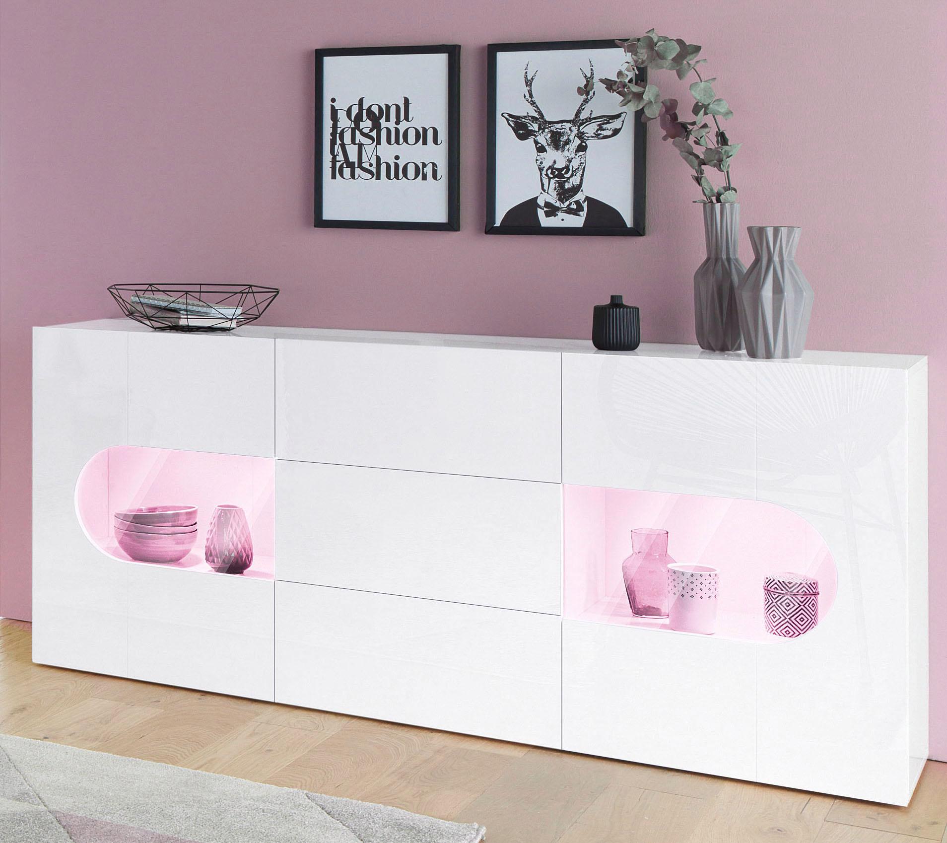 INOSIGN Sideboard „Real,Vitrine,Kommode,Schrank, komplett hochglanz lackiert“, mit 2 Glastüren und 3 Schubladen ohne Griff, Breite 180