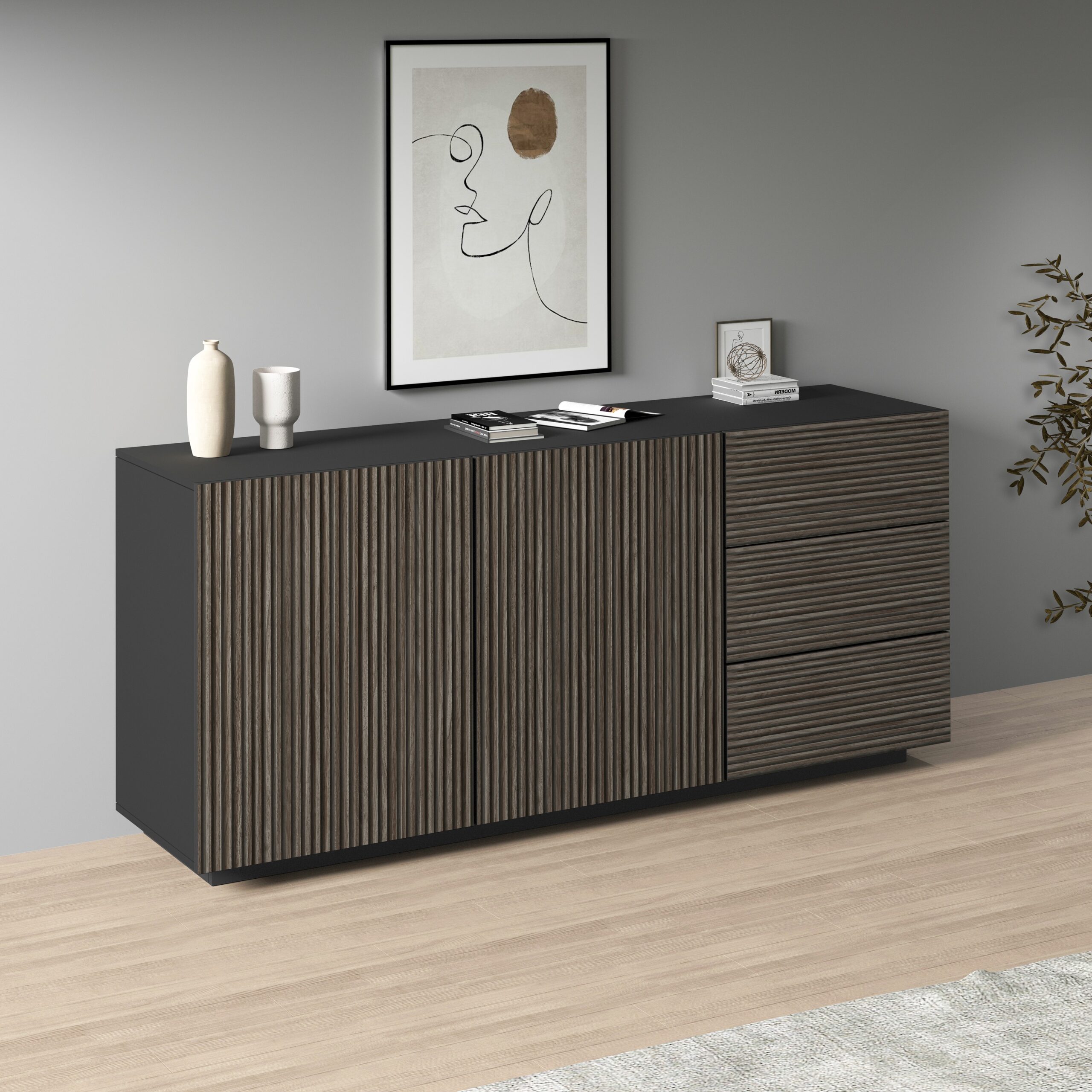 INOSIGN Sideboard „Vega Sideboard,Kommode,180 cm“, mit 2 Türen und 3 Schubladen,Fronten mit Rillen-Optik