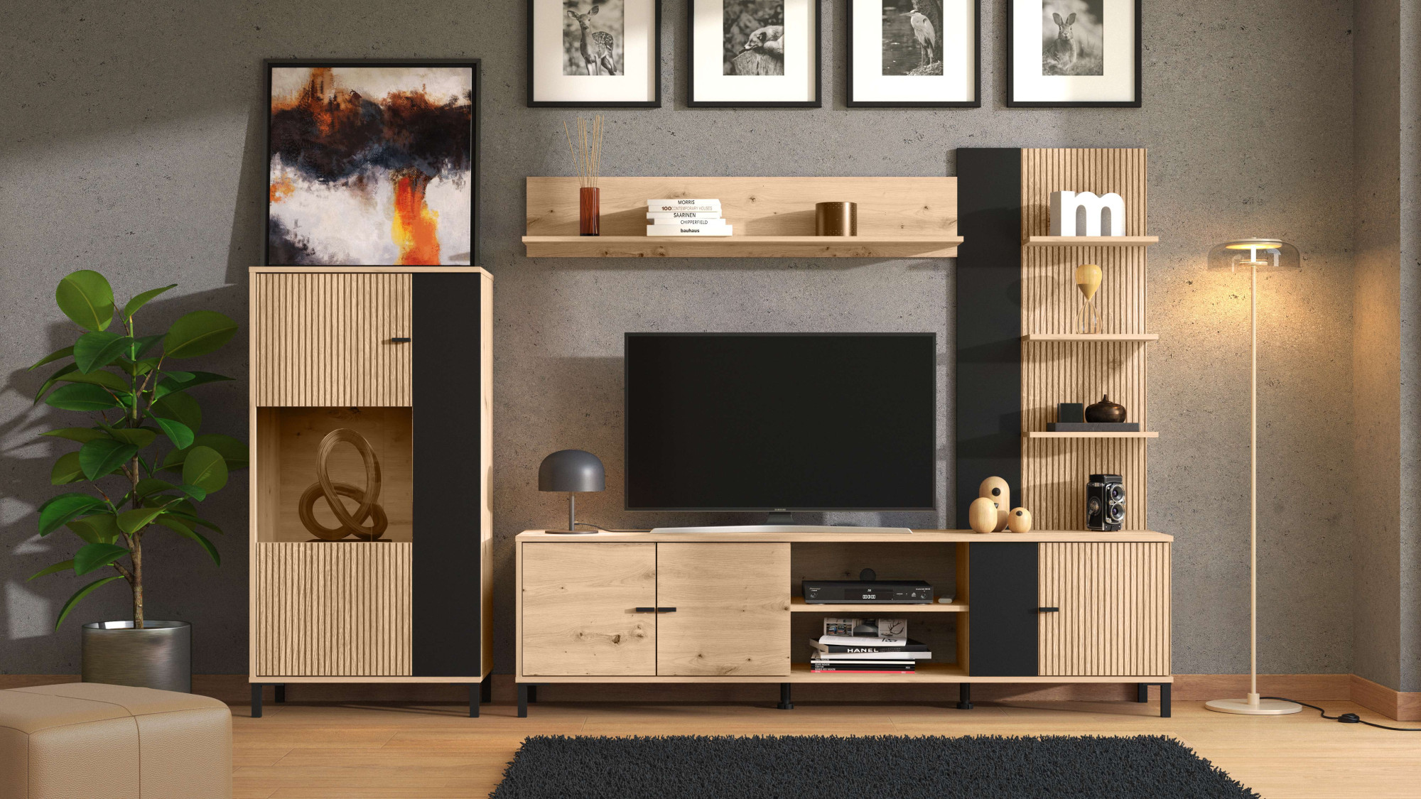 INOSIGN Wohnwand „Avignon, inkl. Highboard, TV-Board, Standregal und Wandregal“, (Komplett-Set, 4 St.), 263 cm, Trendfarben, mit dekorativen schwarzen Streifen, TV bis 58