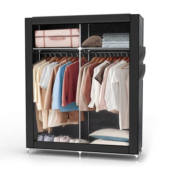 Intirilife Kleiderschrank (Faltschrank 108x170x45 cm in RABEN SCHWARZ, 1-St) Stoffschrank mit Reißverschluss, Kleiderschrank mit Stange und Fächer