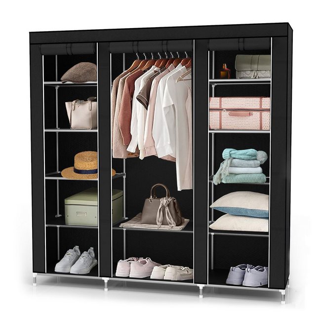 Intirilife Kleiderschrank (Faltschrank 150x175x45 cm in RABEN SCHWARZ, 1-St) Stoffschrank mit Reißverschluss, Kleiderschrank mit Stange und Fächer