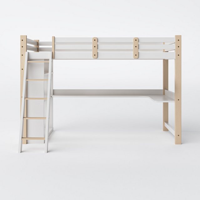 KLAM HOME Etagenbett Kinderhochbett Hochbett 90×200 cm mit Schutzleisten und Lattenrost (Kinderbett mit Schrägleiter, integriertem Schreibtisch und Regalen), Etagenbett aus Massivholz, weißes multifunktionales Familienbett