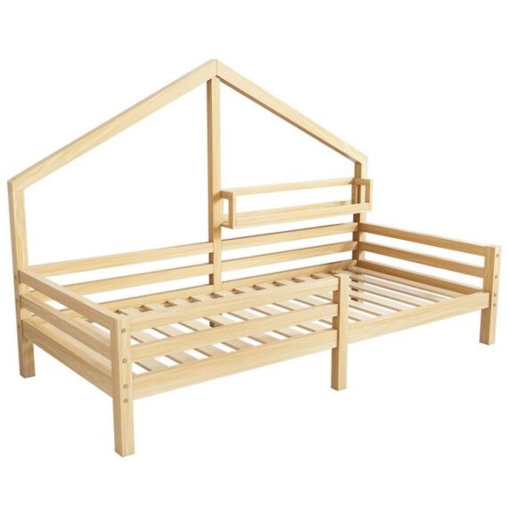 KLAM HOME Hausbett Bettgestell Kinderbett aus Massivholz mit Ablageregal Kaminform 90x200 (Mit Absturzsicherung und Lagerregal), Jugendbett Kinderbett Einzelbett