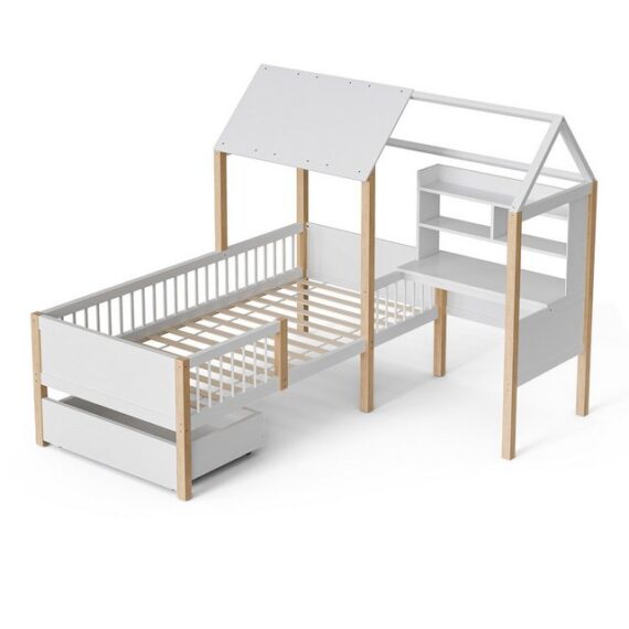 KLAM HOME Kinderbett Funktionsbett 90 x 200 cm mit L-förmigem Schreibtisch und Bücherregal (mit Rausfallschutz und Lattenrost und Schubladen mit Rollen), multifunktionales Hausbett aus Massivholz weiß