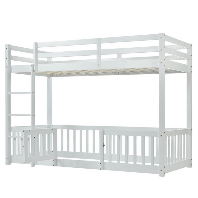 KLAM HOME Kinderbett Kiefer Massivbett Etagenbett mit Treppe (Set, Hausbett 90×200 mit Rausfallschutz und Lattenrost), Etagenbett Holzbett Bettgestell für Kinder Mädchen Jungen bis zu 100kg