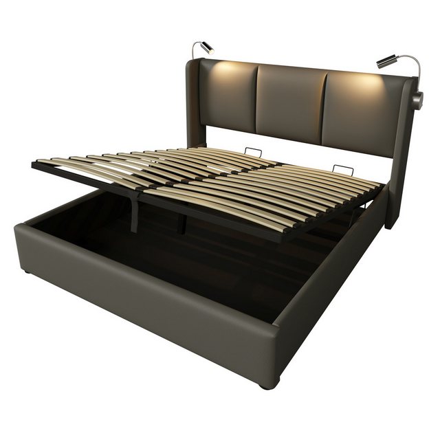 KLAM HOME Polsterbett Doppelbett Stauraumbett mit USB Ladefunktion Kopfteil 140/160×200 cm (PU Jugendbett mit Stauraum Bettkasten Leselicht), mit lattenrost(Ohne Matratze)