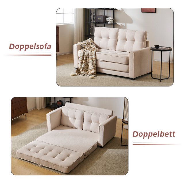 KLAM HOME Schlafsofa 2-Sitzer Klappbare Gästebettfunktion Doppelsofa mit Schlaffunktion, Gepolstertes Sofa mit Seitentaschen Bequeme Liegefläche: 127cm x169cm