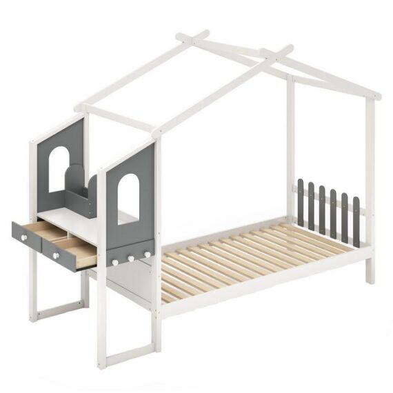 KOMFOTTEU Kinderbett, Hausbett mit Schreibtisch, Schubladen & Haken,140x200