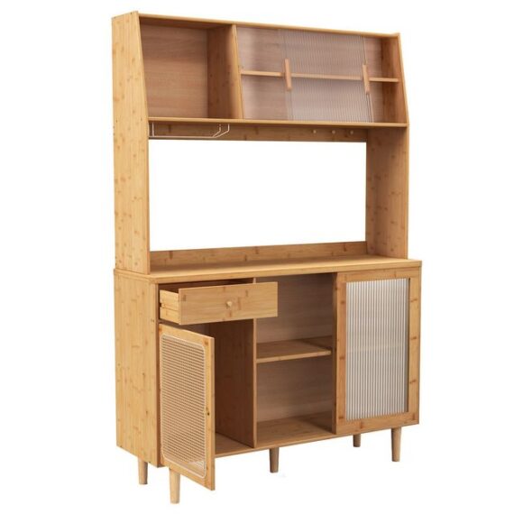 KOMFOTTEU Küchenbuffet Buffetschrank Hochschrank aus Bambus, 120 x 35 x 175 cm