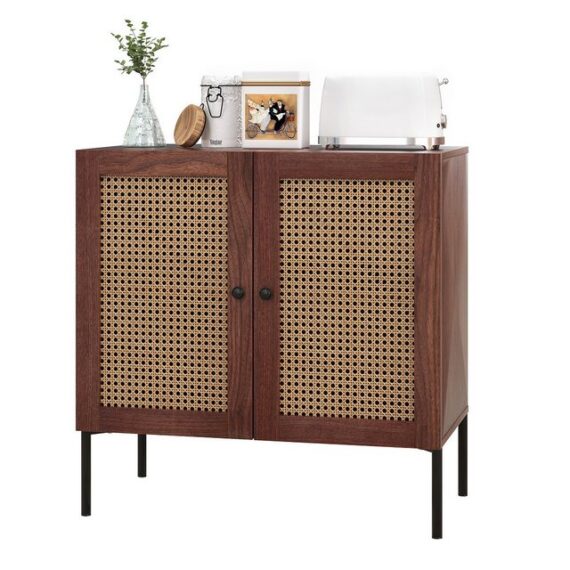 KOMFOTTEU Küchenbuffet Sideboard mit Rattantür & erhöhten Metallbeinen