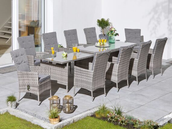 KONIFERA Garten-Essgruppe "Belluno", (Set, 21 tlg., 10x Sessel, 1x AZ-Tisch 179-300x73/89cm, inkl. Auflagen, Polyrattan), 2 der 10 Sessel stufenlos verstellbar, Tischplatte aus Sicherheitsglas