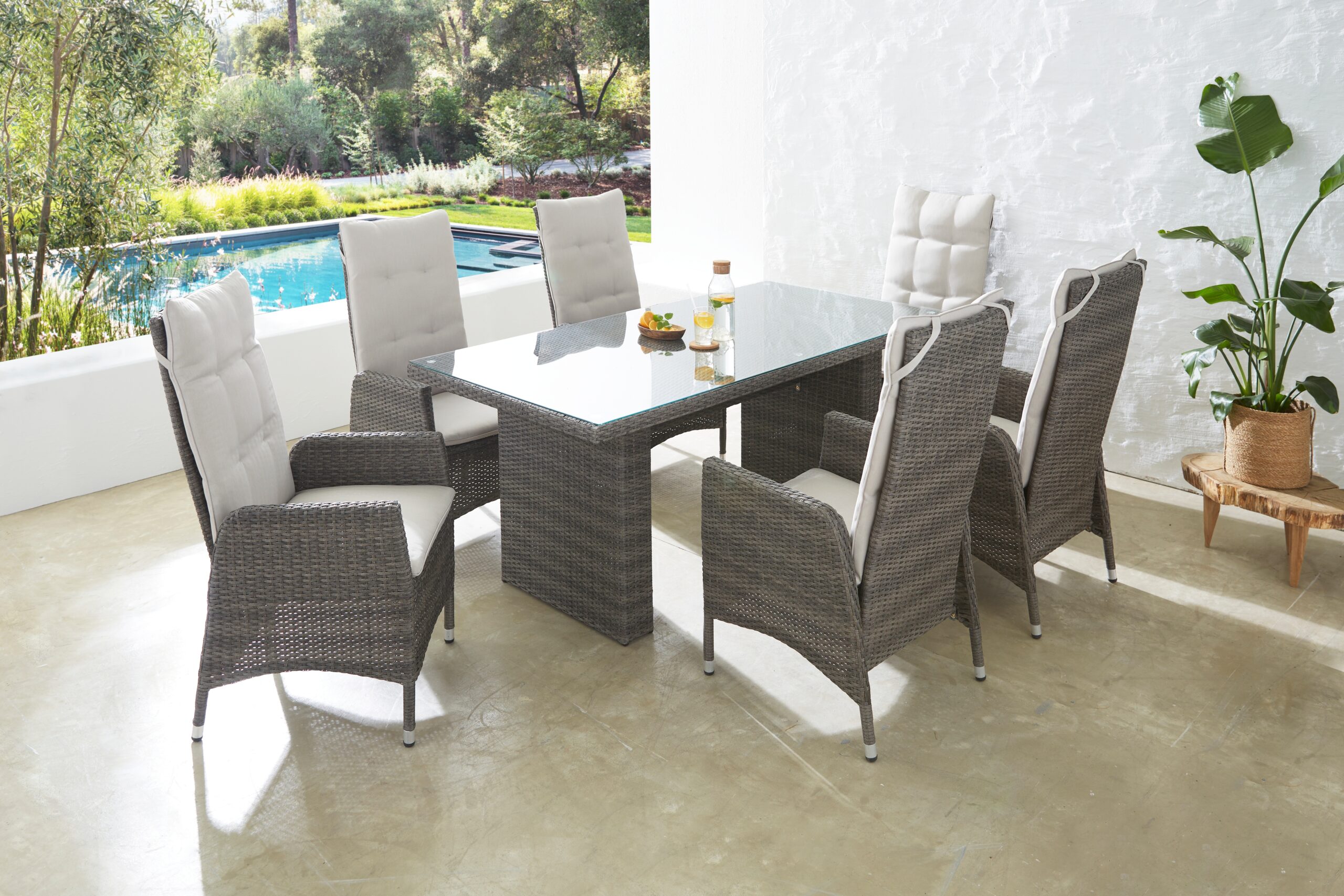 KONIFERA Garten-Essgruppe „Casablanca“, (Set, 7 tlg., 6x Sessel, 1x Tisch 180x90x74 cm, Stahl/Polyrattan), inkl. Auflagen