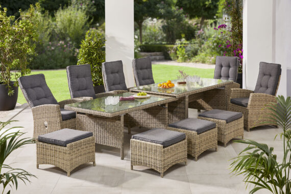 KONIFERA Garten-Essgruppe "Monaco", (Set, 27 tlg., 6x Sessel, 4x Hocker, 1x AZ-Tisch 200-366x100x75,5 cm, inkl. Auflagen), für 10 Personen Aluminium, Polyrattan, Rückenlehne verstellbar