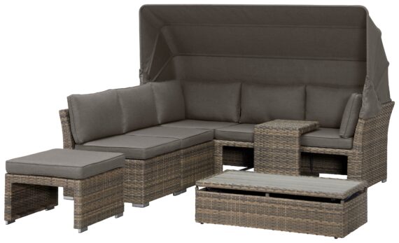 KONIFERA Gartenlounge-Set "Hawaii Premium", (Set, 19 tlg., 1x3erSofa, 2xSessel, 1xHocker, 1xBeistelltisch, 1xTisch 111x54x59cm), mit aufklappbarem Dach und zur Sonneninsel umbaubar, Aluminium