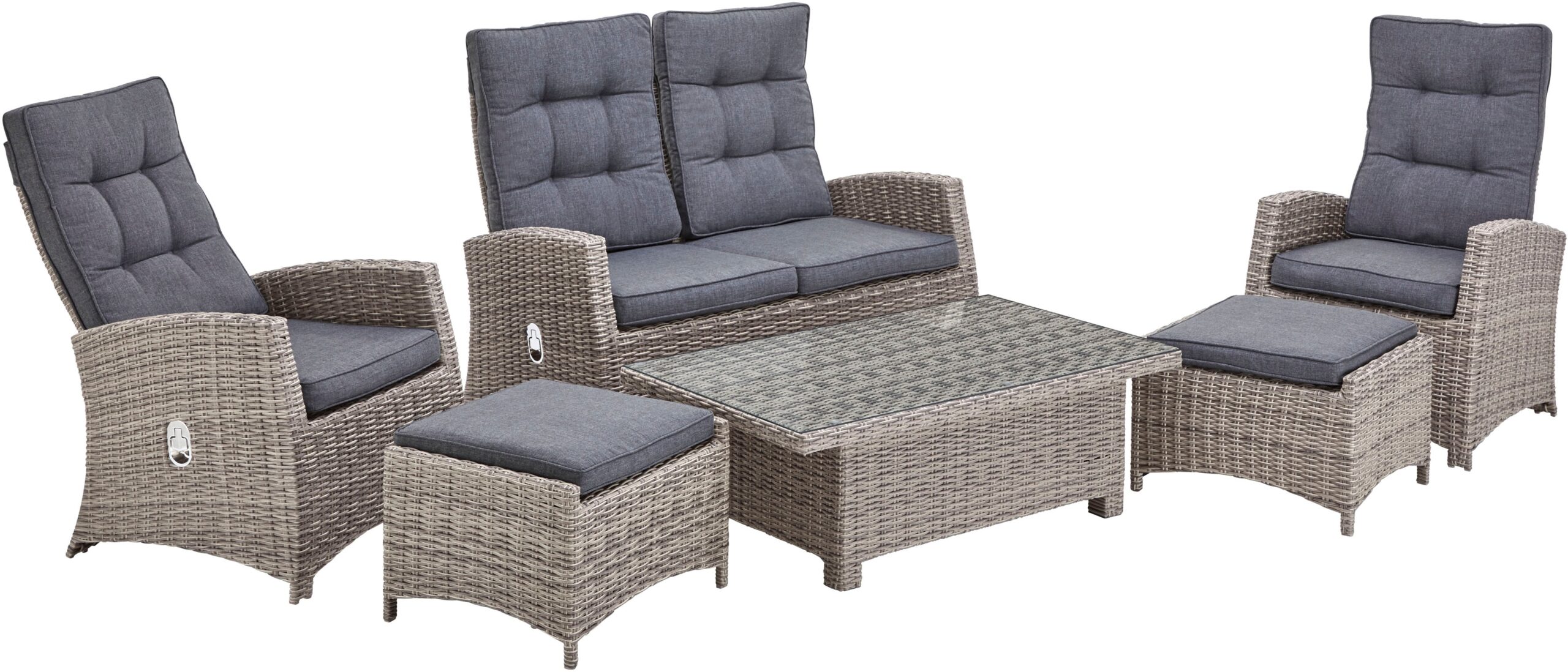 KONIFERA Gartenlounge-Set „Monaco“, (Set, 16 tlg., inkl. Auflagen, Alu, Polyrattan), höhenverstellbarer Tisch 43,5 – 66,5 cm