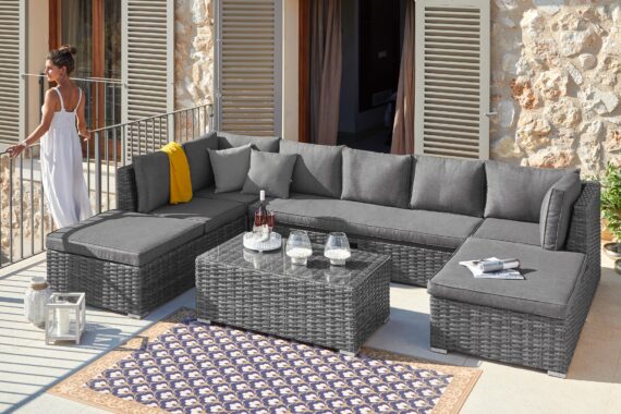 KONIFERA Gartenlounge-Set "New York", (21 tlg., 1x 3er AZ-Sofa, 1x Ecke, 1x Sessel, 1x Ottomane mit Staufach, 1x Tisch), Tisch 110x65 cm, Aluminium,Polyrattan,individuell stellbar,10 Personen